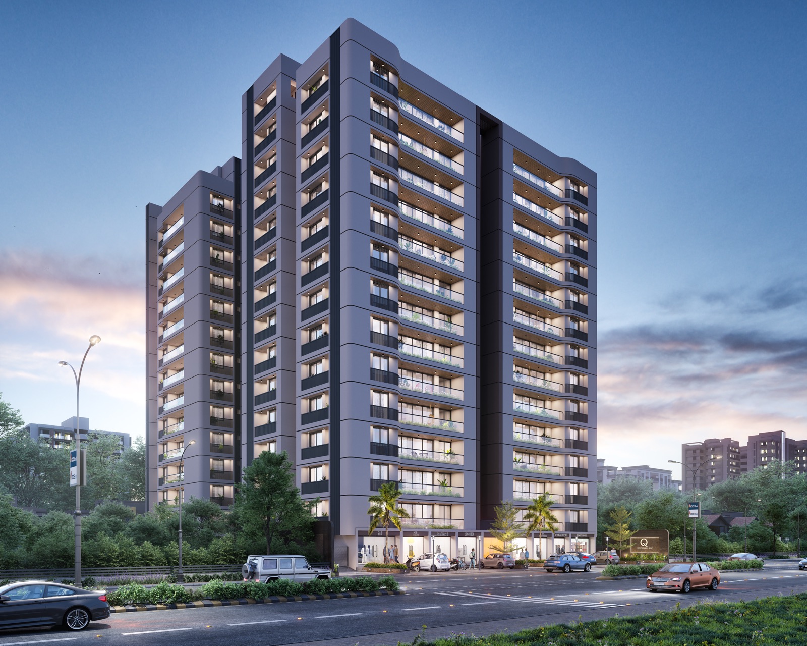 The Q tower illuminated at dusk, SG Highway Ahmedabad